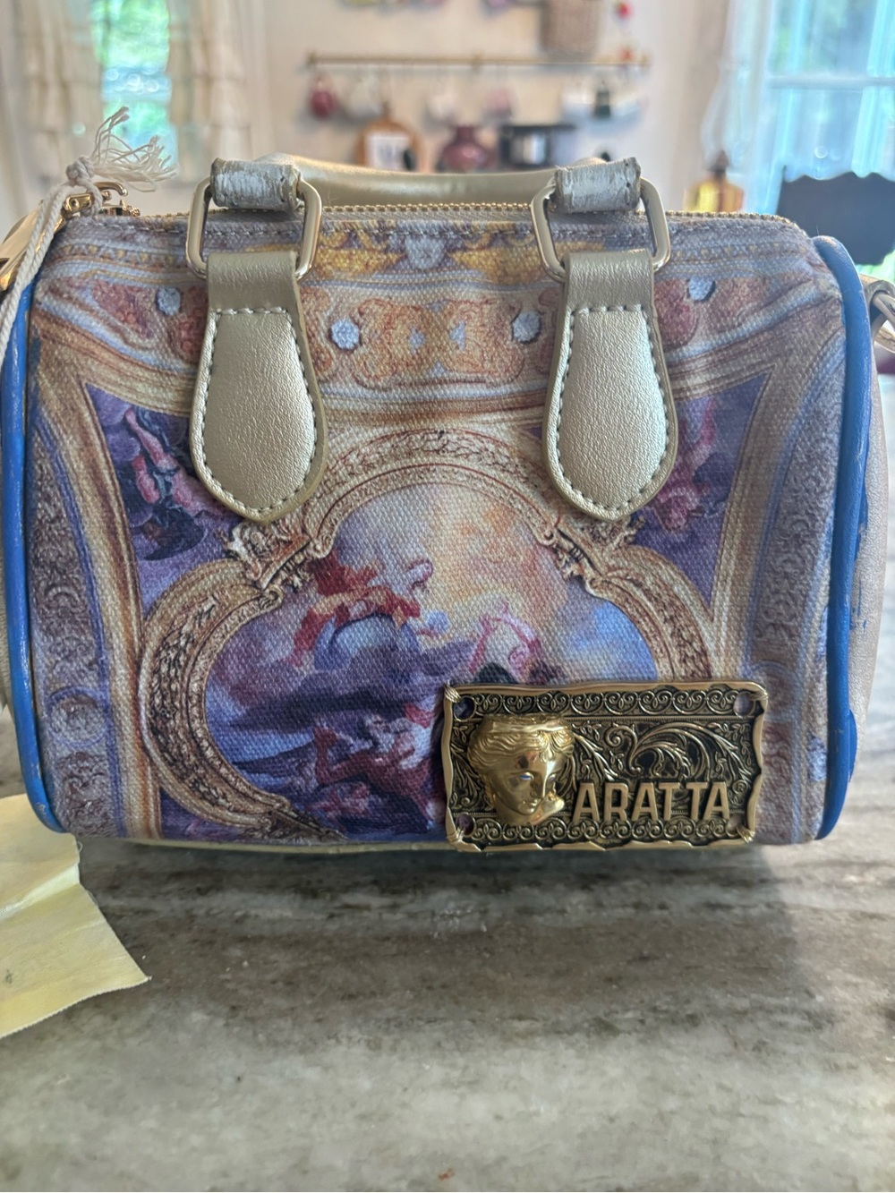 ARATTA Renaissance hand painted vegan leather & embroidered canvas handbag. NWT